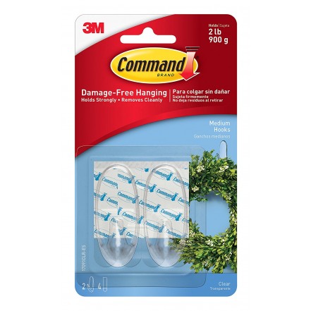 3M Command Medium Hooks with Strips Pack of 2 Clear