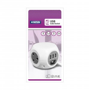 Status 3 Way Cube Socket - USB & Mains White 1.4m